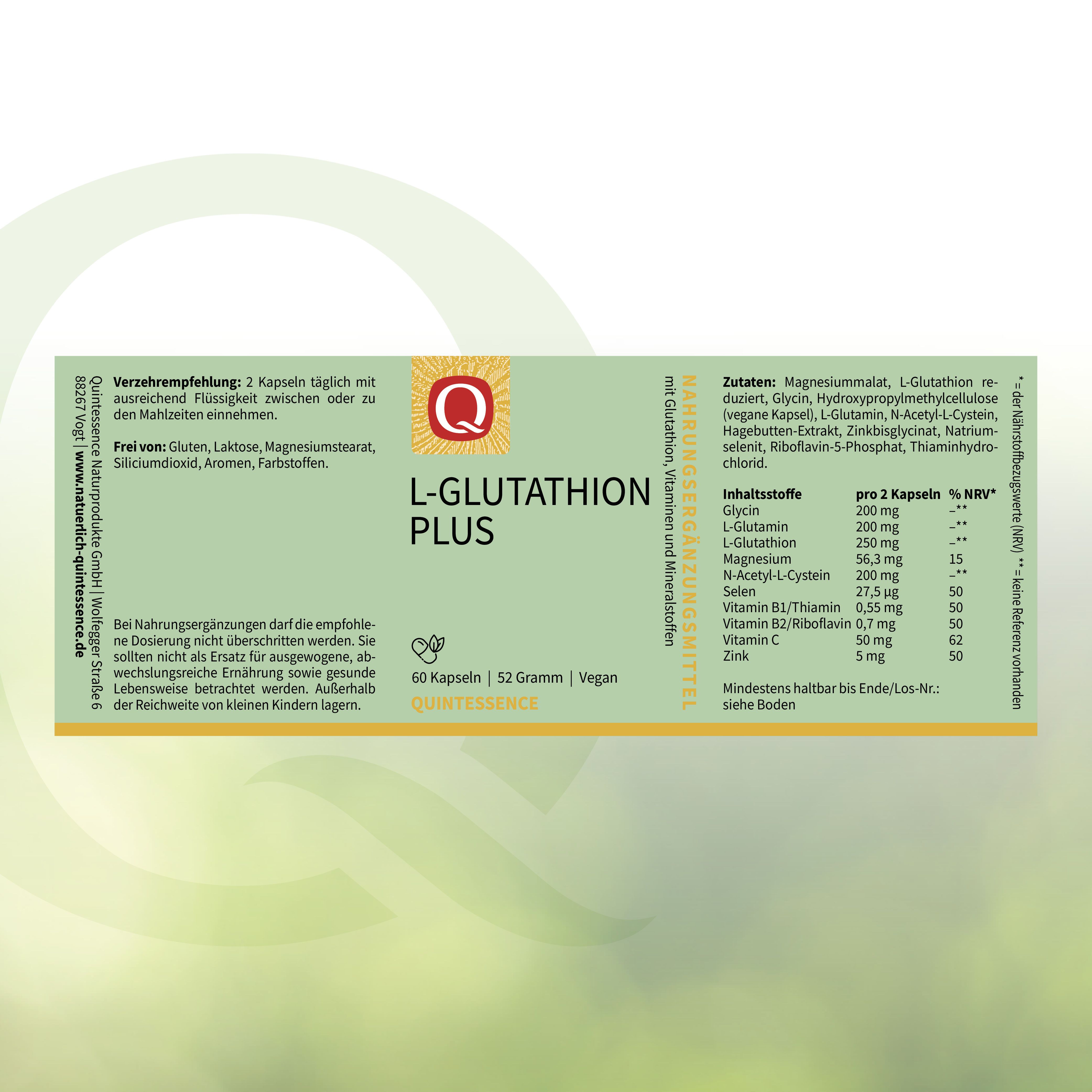 Produktverpackung mit Produktname L-Glutathion Plus, Marke Quintessence. Enthält 60 Kapseln. Inhaltsstoffe und Nährwertangaben.