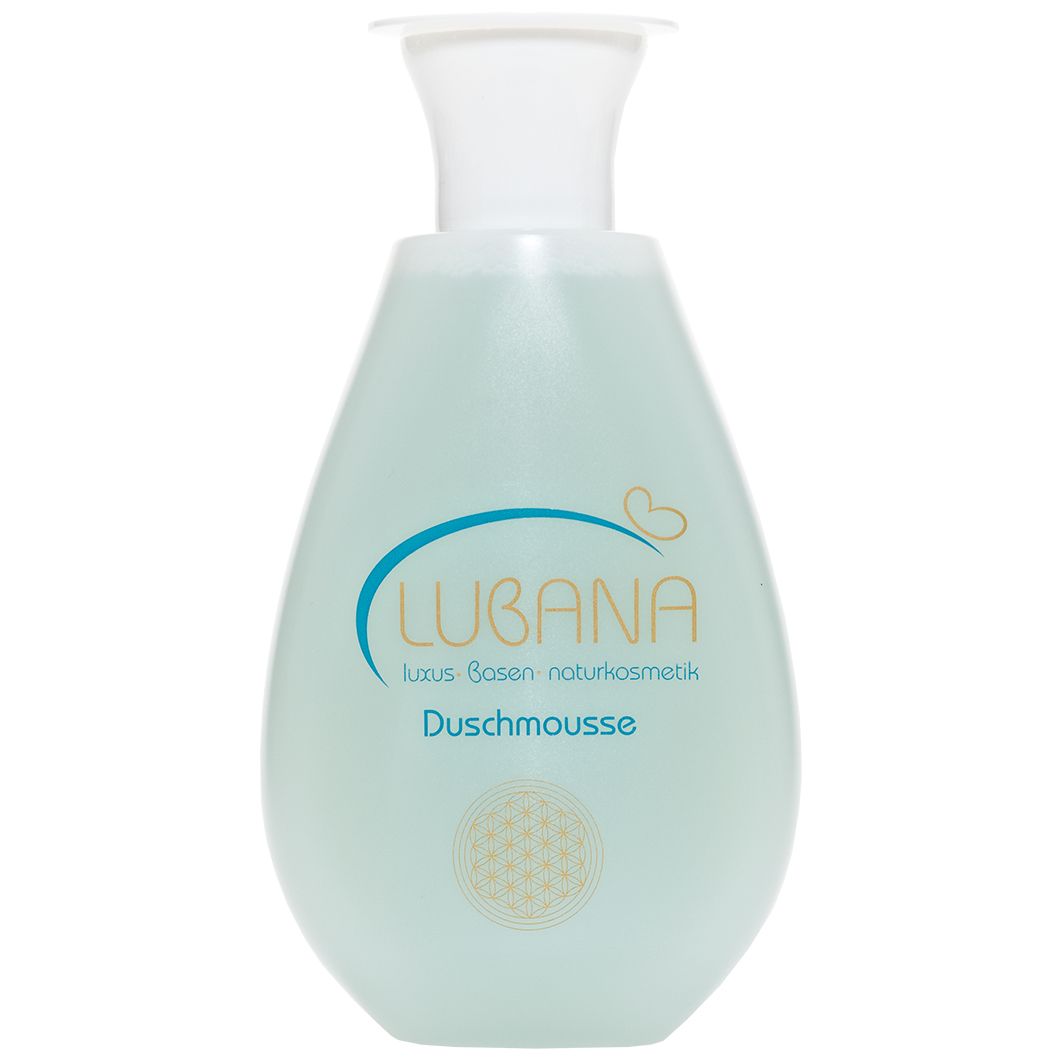 Hellblaue Flasche mit weißem Verschluss. Aufschrift: Lubana, Duschmousse. Logo: blauer Bogen mit Schmetterling.