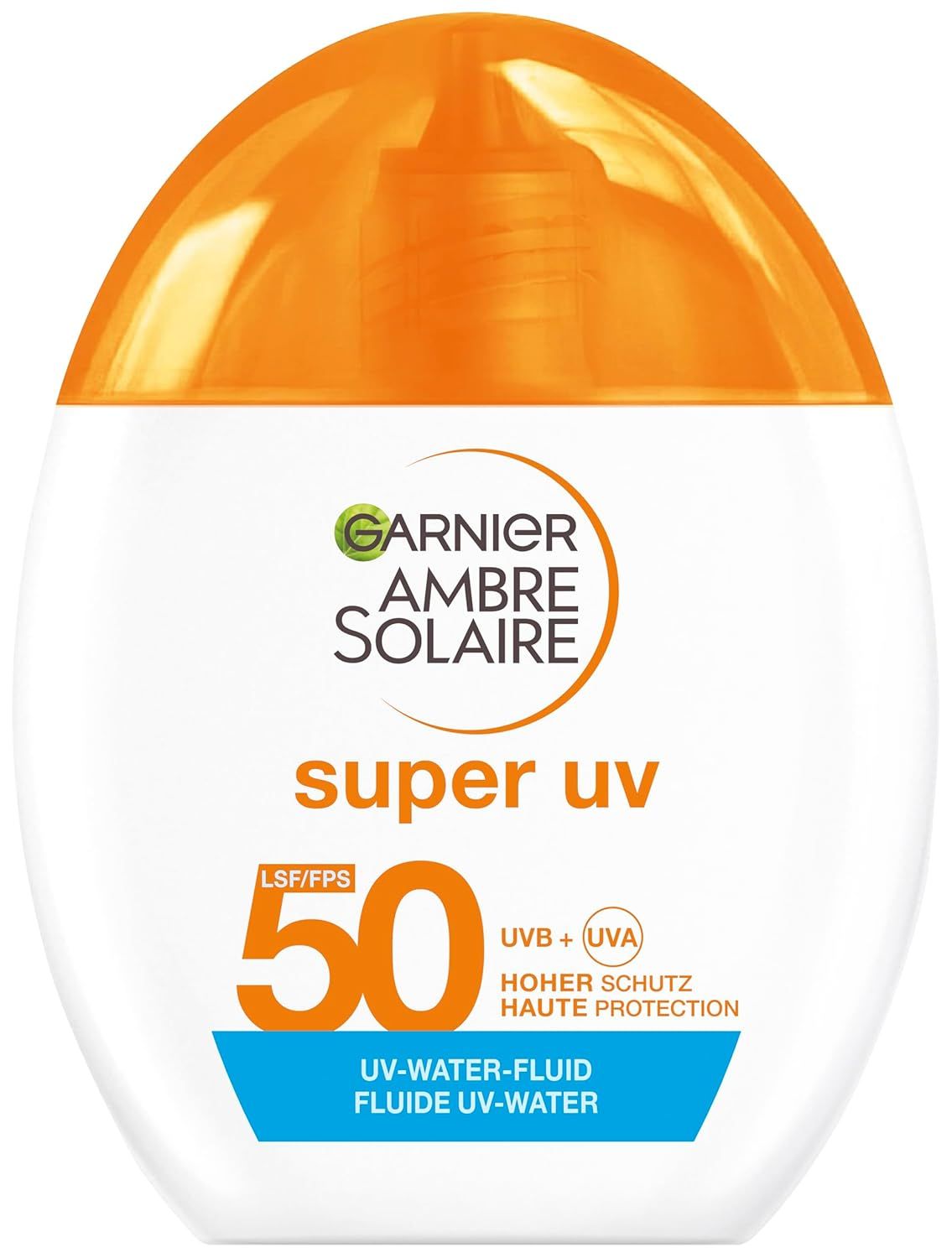 Weiße Flasche mit orangefarbenem Deckel. Aufschrift: Garnier Ambre Solaire Super UV LSF 50. Blaue Schrift: UV-Water-Fluid.