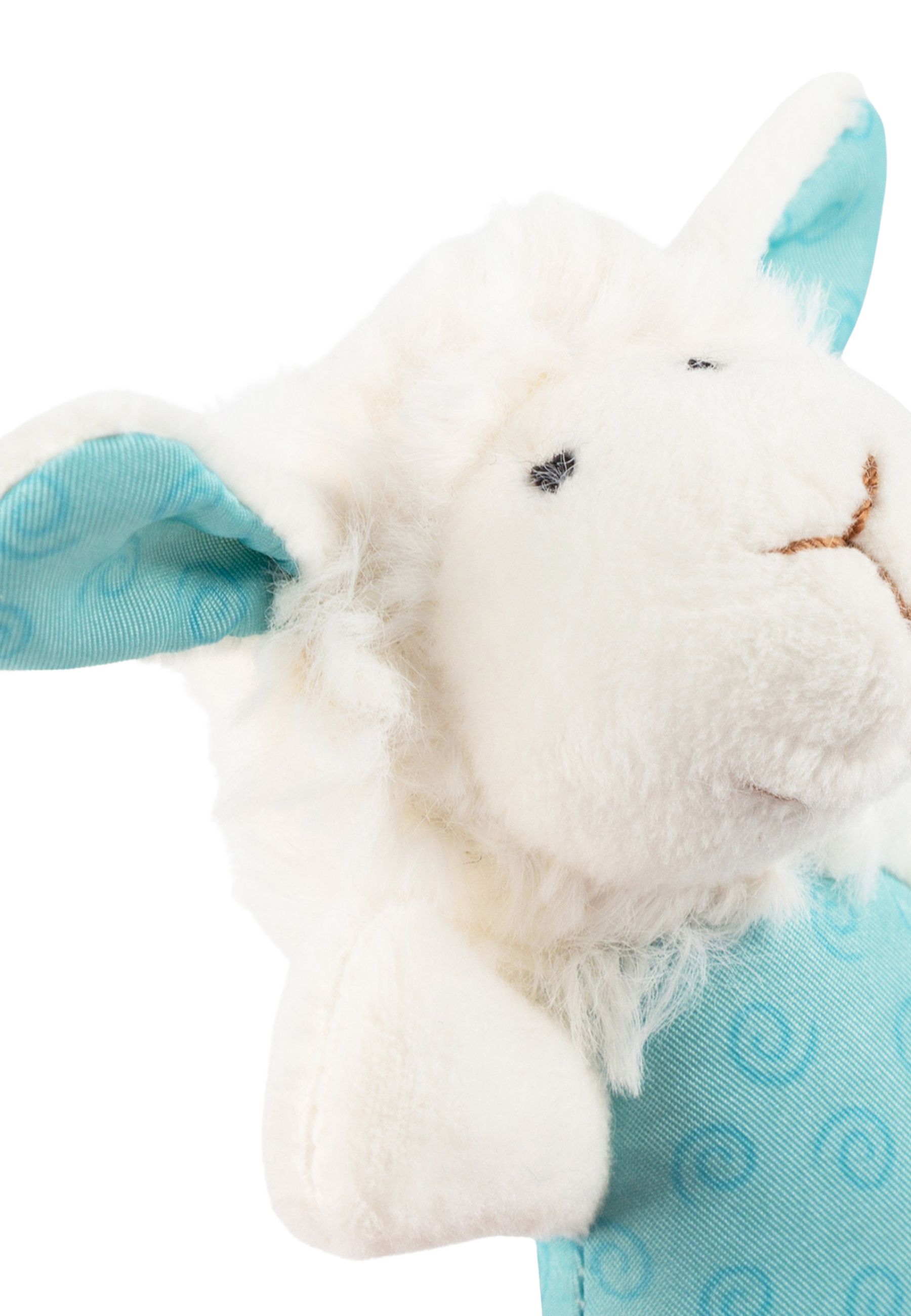 Nahaufnahme des Schaf-Greiflings. Weißes Fell, blaue Ohren. Blau gemusterter Stoff. Gesicht mit Augen und Mund.