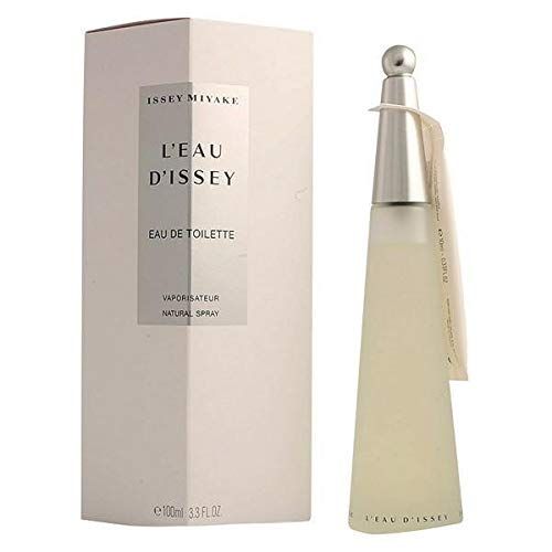 Parfümflasche und Verpackung. Aufschrift 'Issey Miyake L'Eau d'Issey Eau de Toilette'.