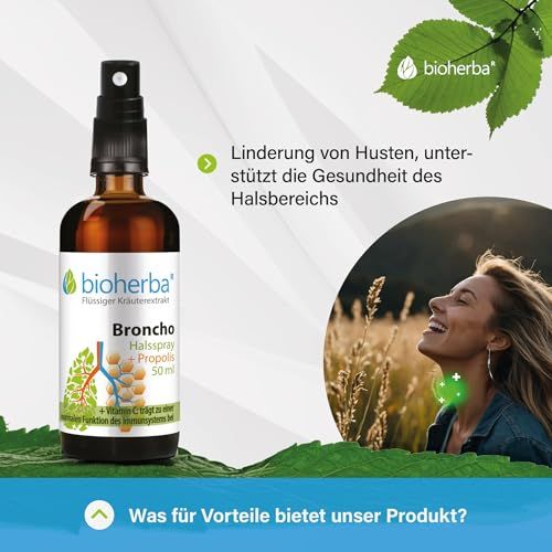 Braune Glasflasche mit Sprühkopf. Aufschrift Broncho Halsspray + Propolis. Frau mit Halsbereich-Illustration.