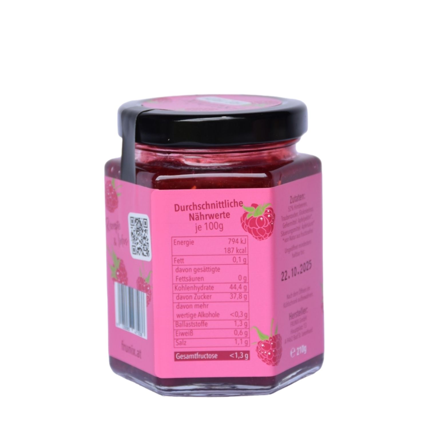 Glas mit Himbeer-Fruchtaufstrich. Rosa Etikett mit Nährwertangaben. Schwarzer Deckel. Aufschrift: Durchschnittliche Nährwerte, frunix.at, 22.10.2025.