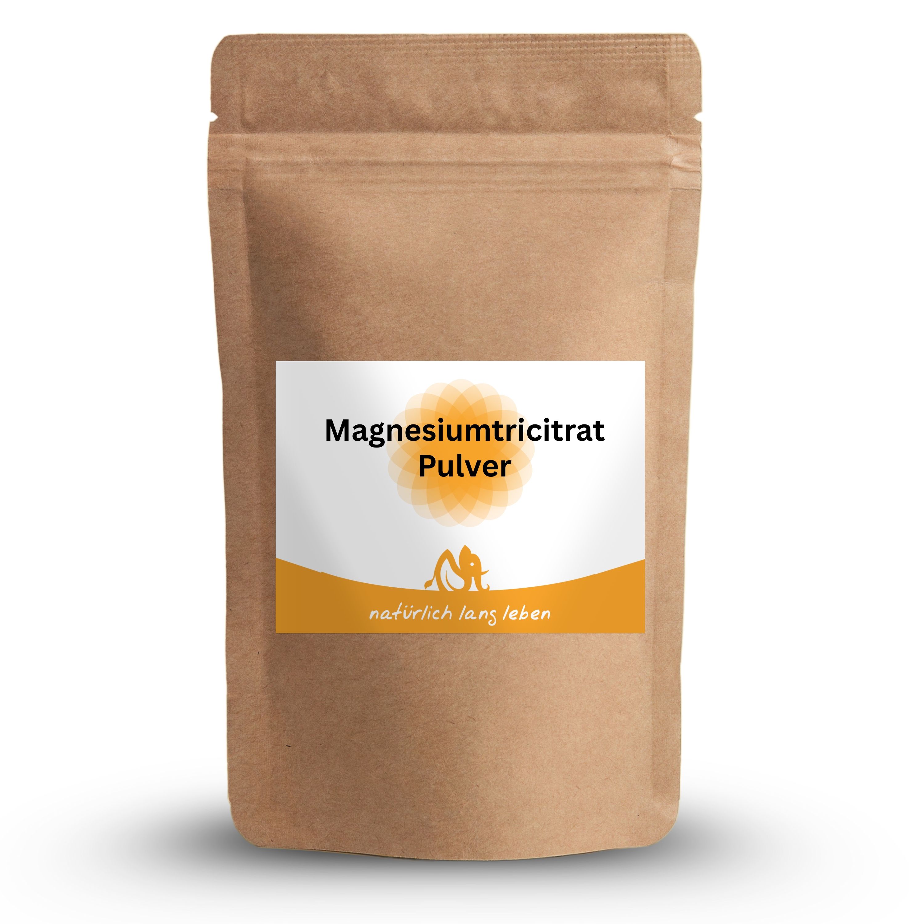 Beutel mit weißem Etikett. Aufschrift: Magnesiumtricitrat Pulver. Logo und Schriftzug: natürlich lang leben.