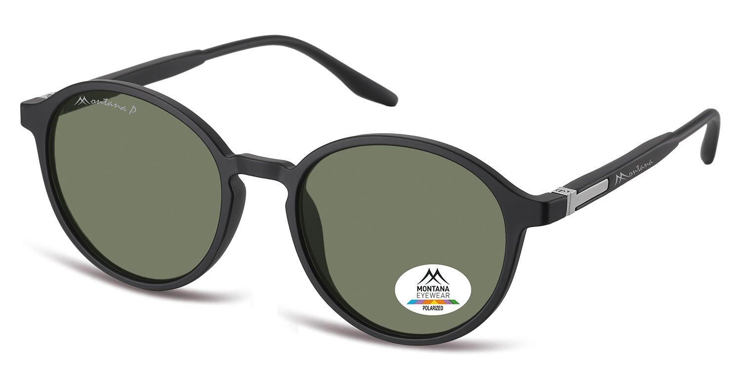 Schwarze, runde Sonnenbrille, seitliche Ansicht. Montana Eyewear Logo auf dem Bügel. Polarisiert-Aufkleber auf dem Glas.
