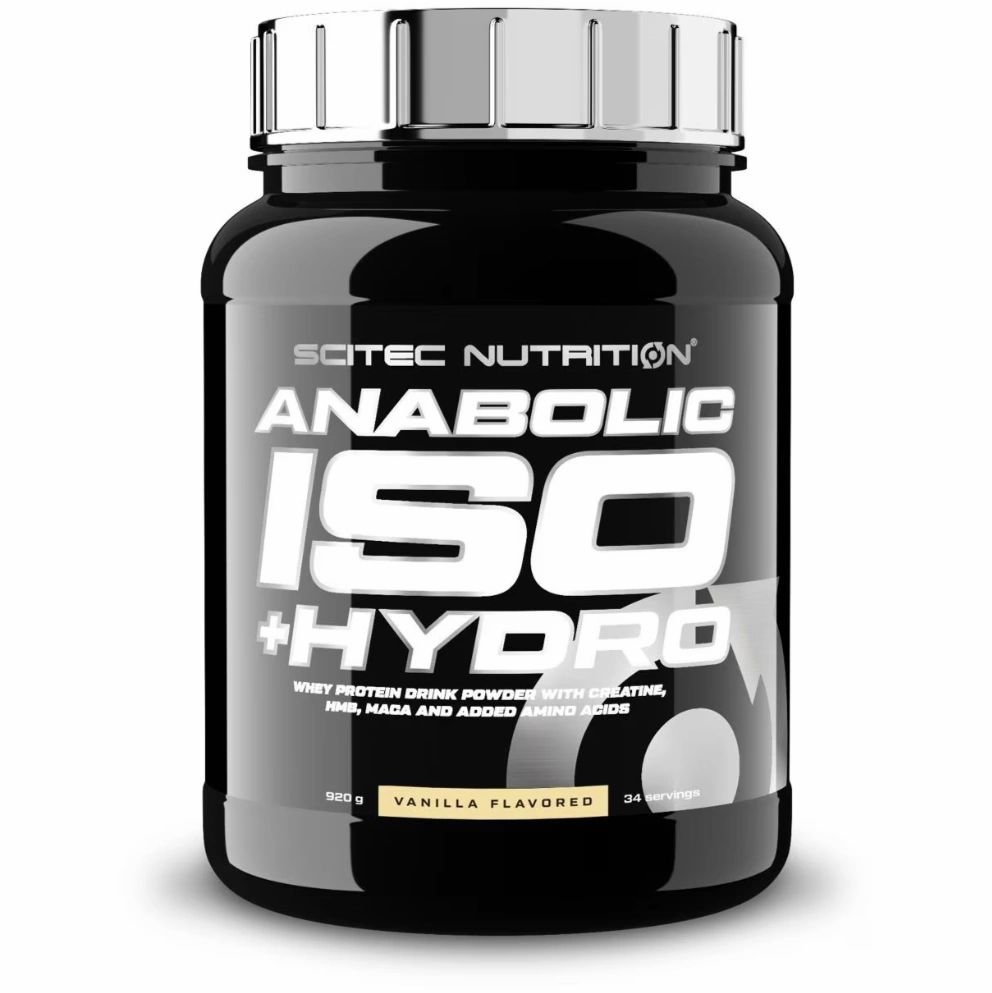 Schwarze Dose Scitec Anabolic Iso+Hydro, Vanille. Mit silbernem Deckel. Enthält 900g. Aufschrift: Whey Protein Drink mit Kreatin, HMB, Maca.