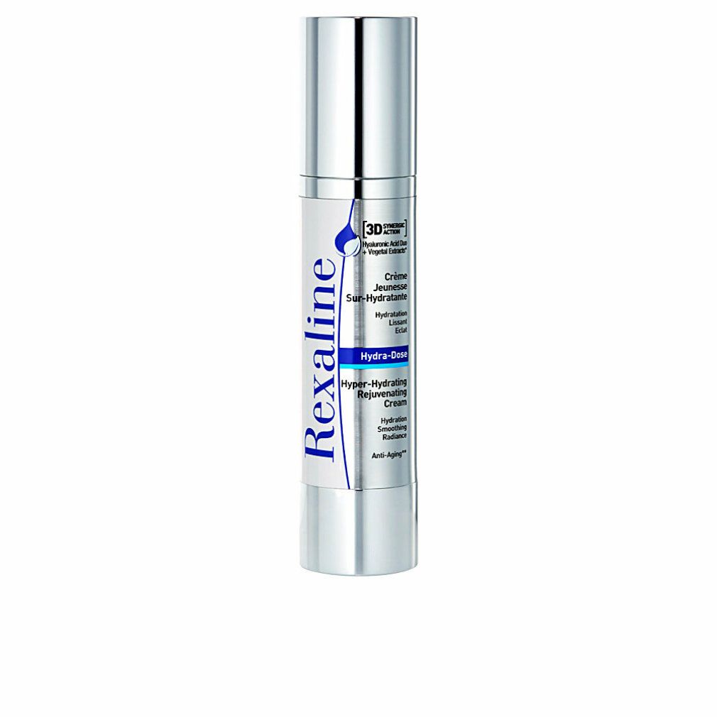 Silberne Rexaline-Flasche. Blaue Schrift: Rexaline, Crème Jeunesse Sur-Hydratante, Hydra-Dose, Hyper-Hydratante Rejuvenating Cream.