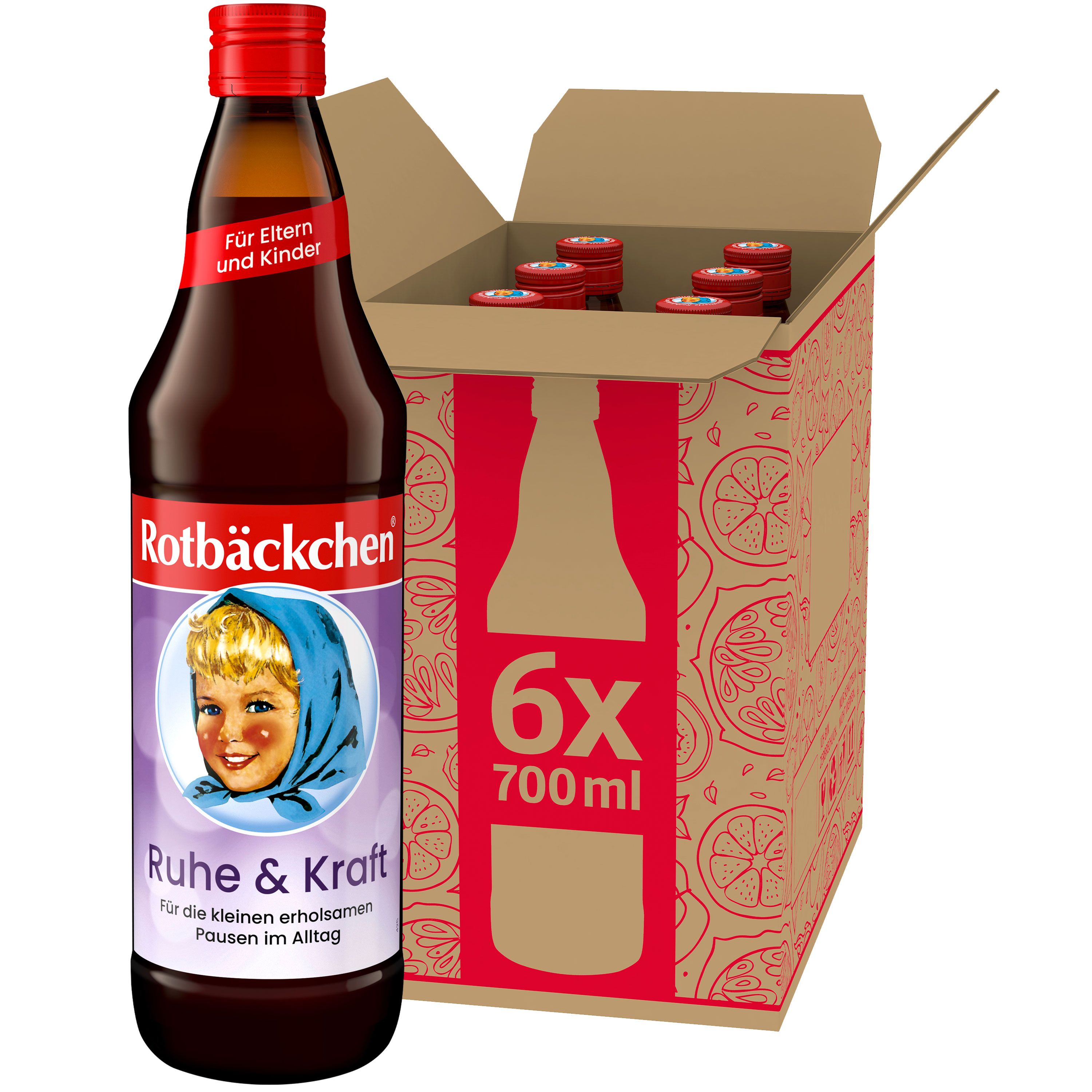 Rotbäckchen Ruhe & Kraft Flasche mit rotem Deckel. Sechs Flaschen in Karton. Aufschrift: 6x 700ml.