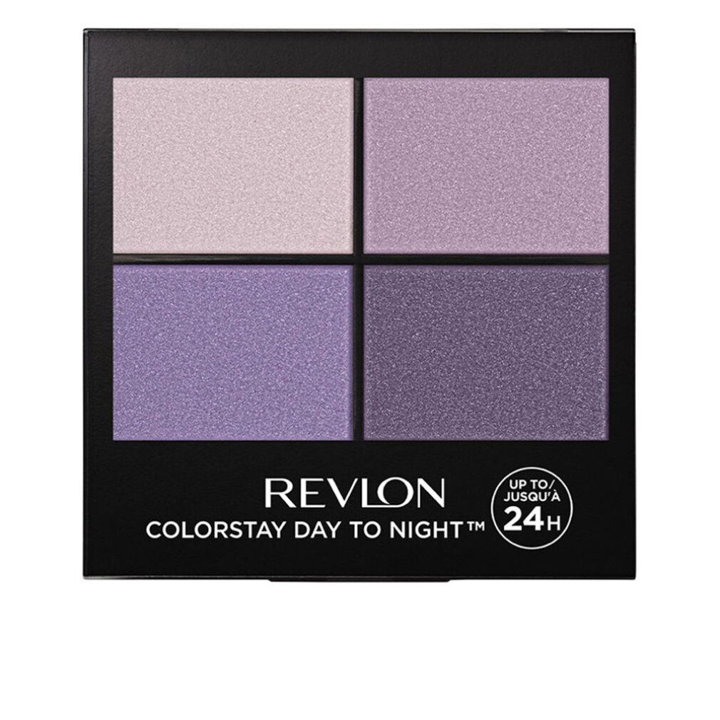 Lidschatten-Palette mit vier Farbtönen in Lila- und Violetttönen. Schwarze Verpackung mit weißem Schriftzug REVLON COLORSTAY DAY TO NIGHT.