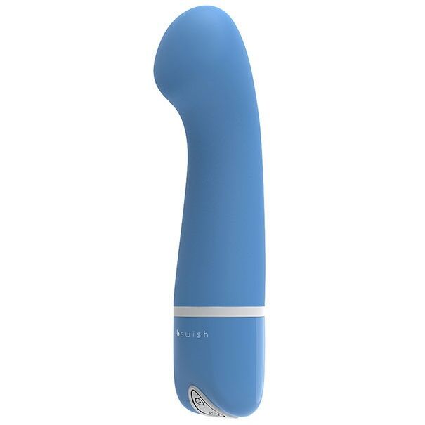 Blauer Vibrator mit gebogener Form. Weißer Ring und "b swish" auf dem Gerät.
