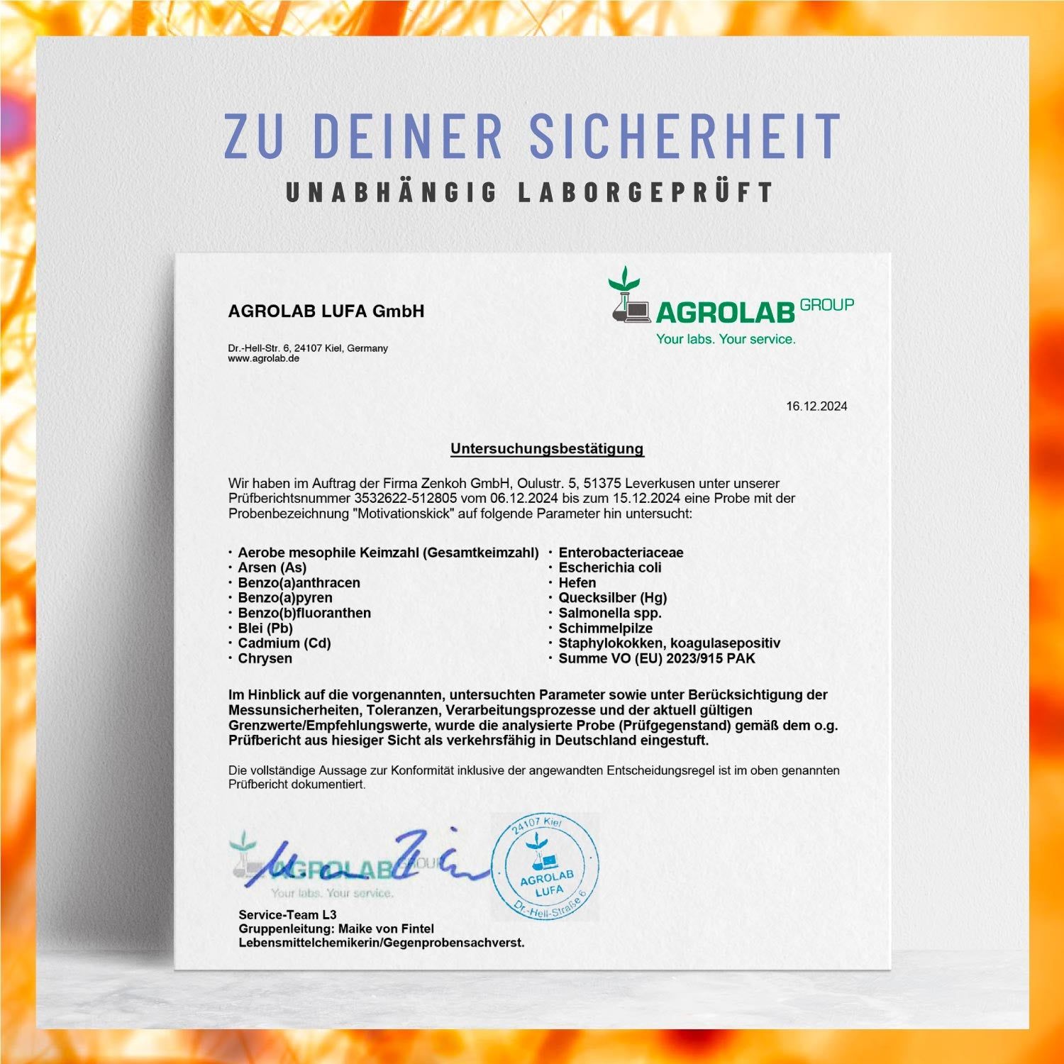 Zertifizierungsbericht von AGROLAB LUFA GmbH. Ergebnisse der Untersuchung von MOTIVATIONSKICK. Unabhängige Laborprüfung.