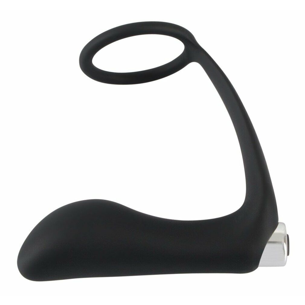 Schwarzer Penisring mit Analplug. Gebogene Form mit Ring. Silberfarbener Knopf am Ende.