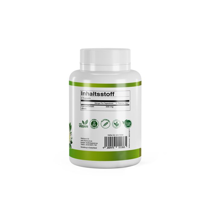 Rückseite der weißen Flasche. Aufschrift: Inhaltsstoff. Kanna Extrakt 300 mg. Vegan, glutenfrei, laktosefrei.