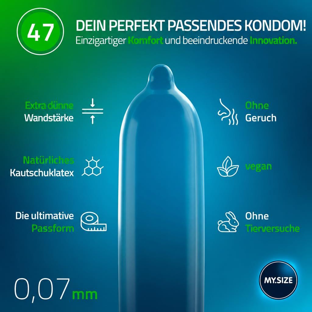 MY.SIZE 47mm Kondome: 80 Stück. Extra dünn, vegan, ohne Geruch. Natürliches Kautschuklatex.