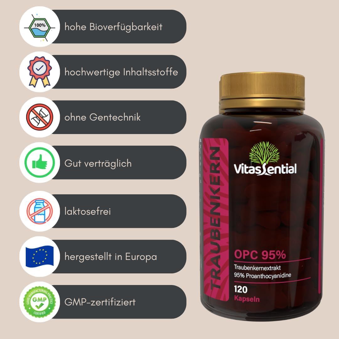 Braune Flasche mit goldenem Deckel. Etikett mit Produktinformationen. 120 Kapseln. GMP-Zertifizierung.