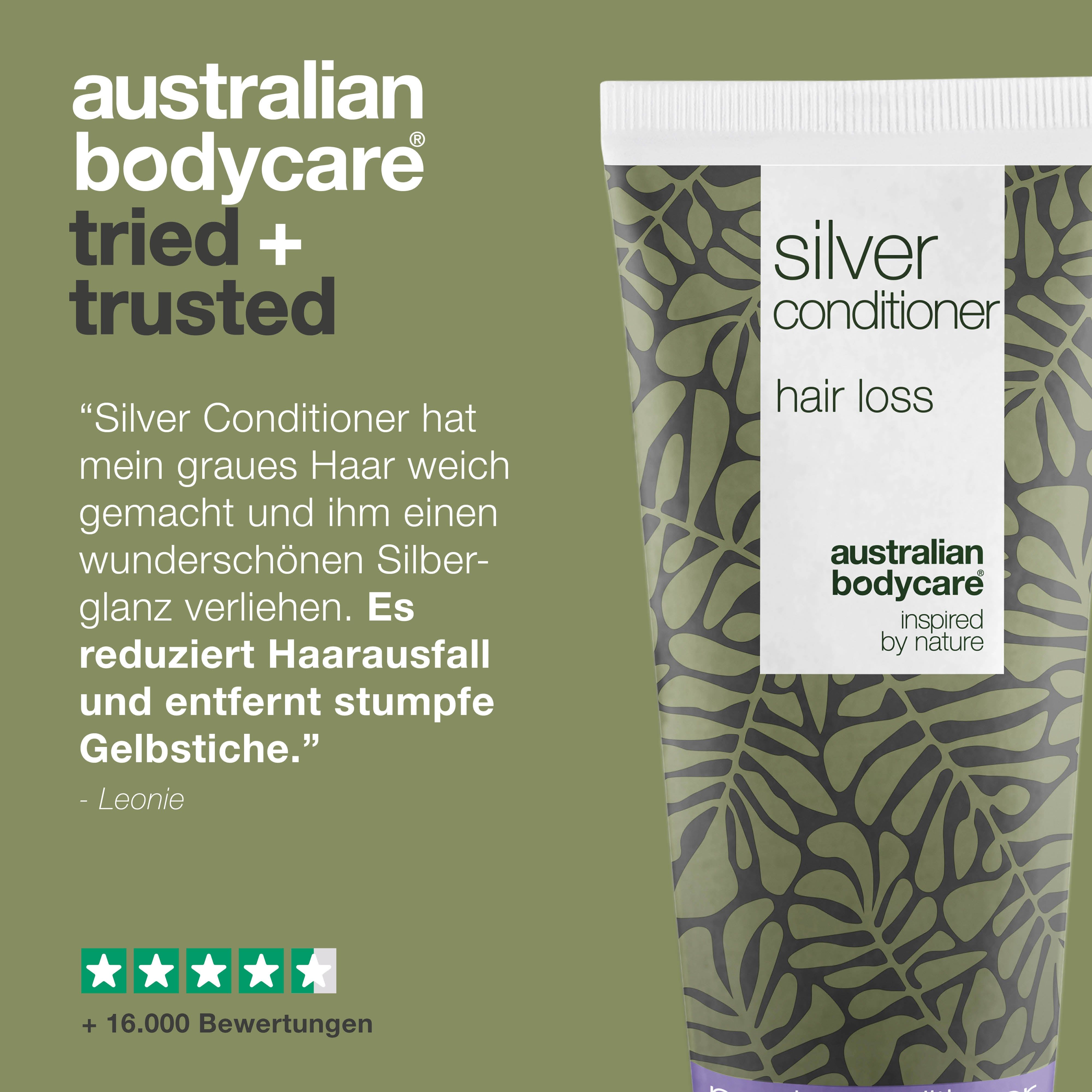 Werbung mit Tube Conditioner. Text: Australian Bodycare. Zitat: Silber Conditioner hat mein graues Haar weich gemacht. Bewertungen.