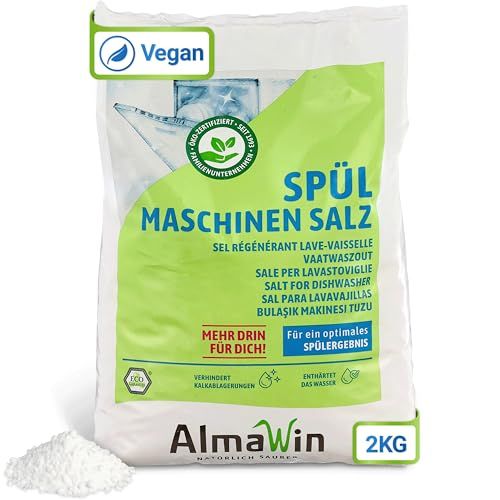 AlmaWin Spülmaschinen Salz 2kg: Vegan, ECO-zertifiziert, für optimale Spülergebnisse.