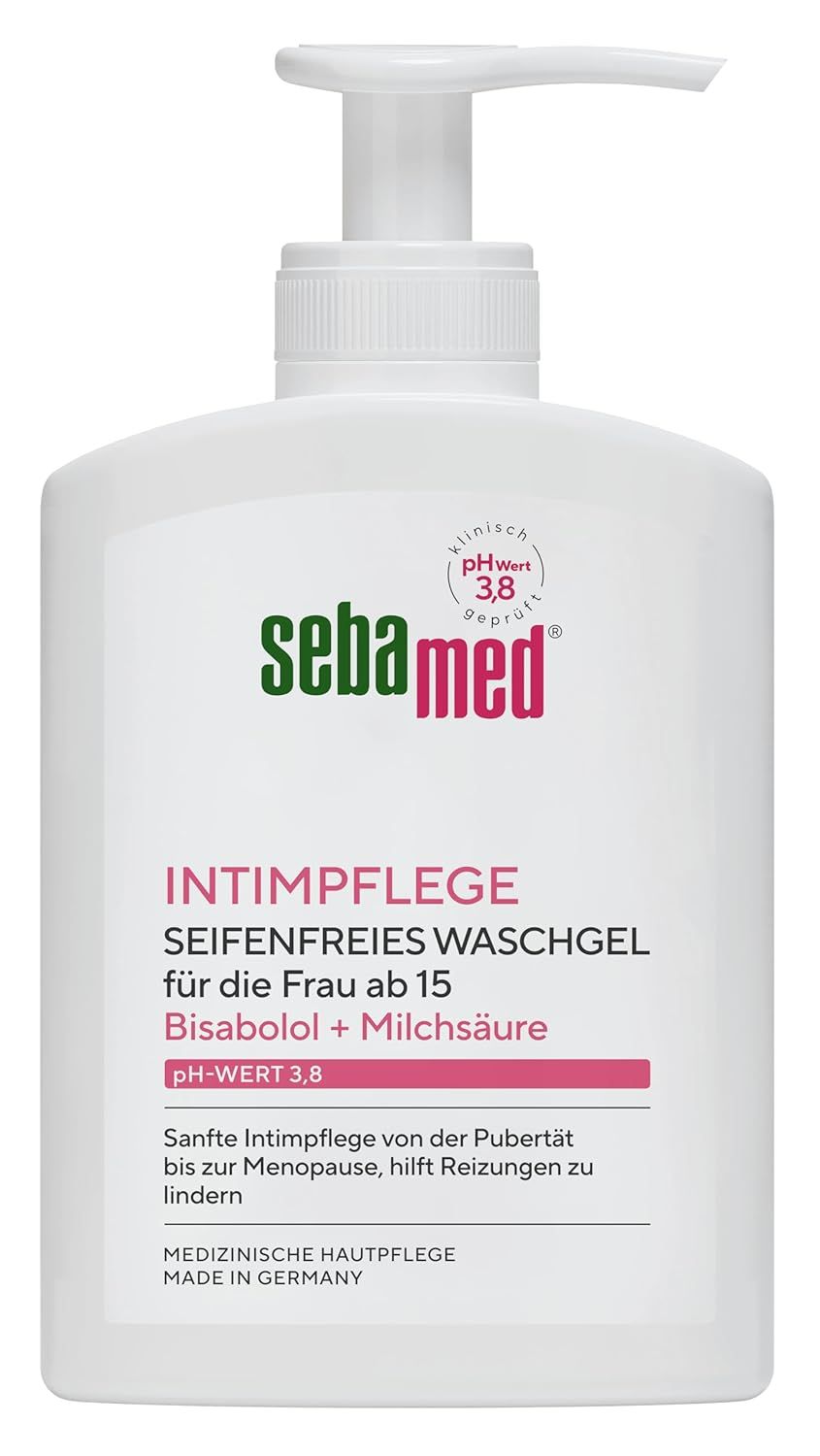 Weißes Fläschchen mit Pumpe. Aufschrift: Intimpflege, pH-Wert 3,8. Für Frauen ab 15. Medizinische Hautpflege.
