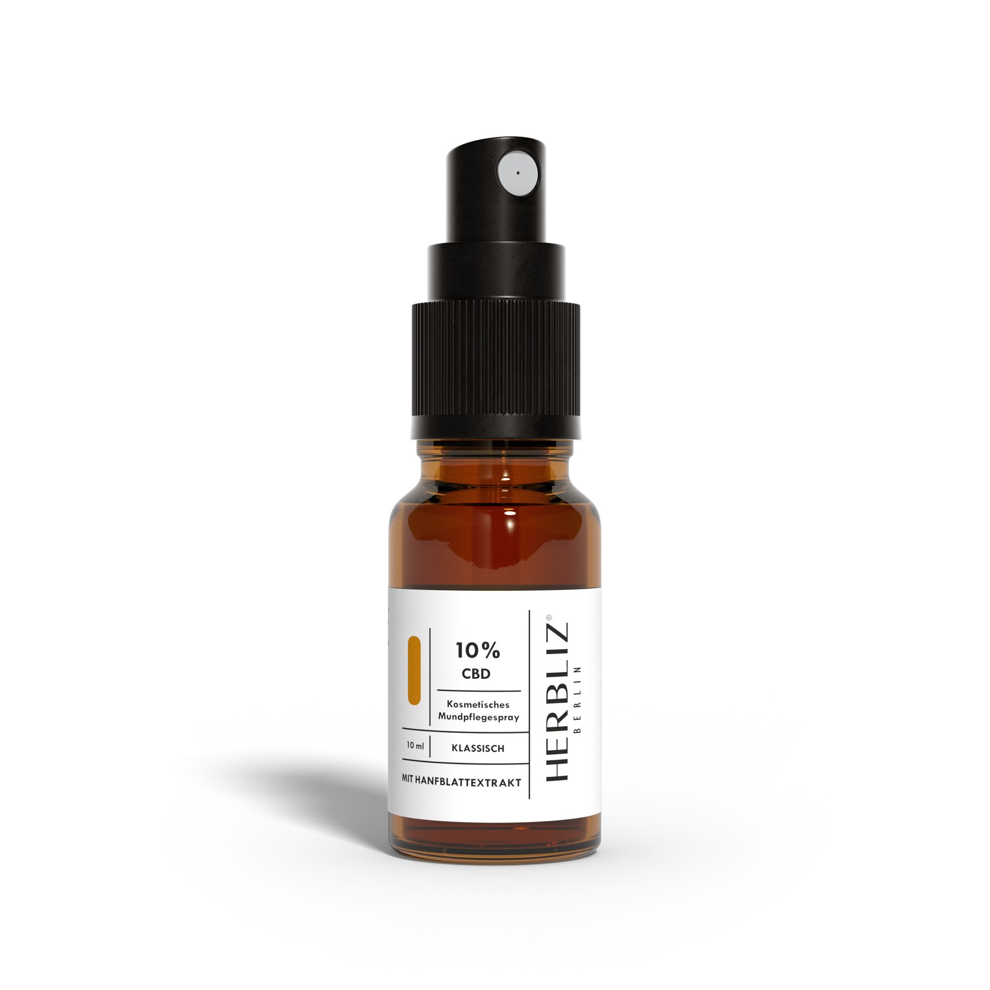Braune Glasflasche mit schwarzem Sprühkopf. Aufschrift: 10% CBD, HERBLIZ, Klassisch, mit Hanfblattextrakt.
