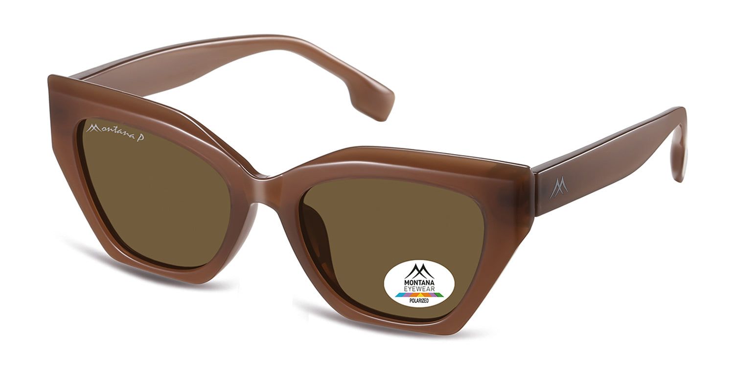 Braune Sonnenbrille, schräg von der Seite. Montana Eyewear Logo auf dem Glas. Polarisierte Gläser.