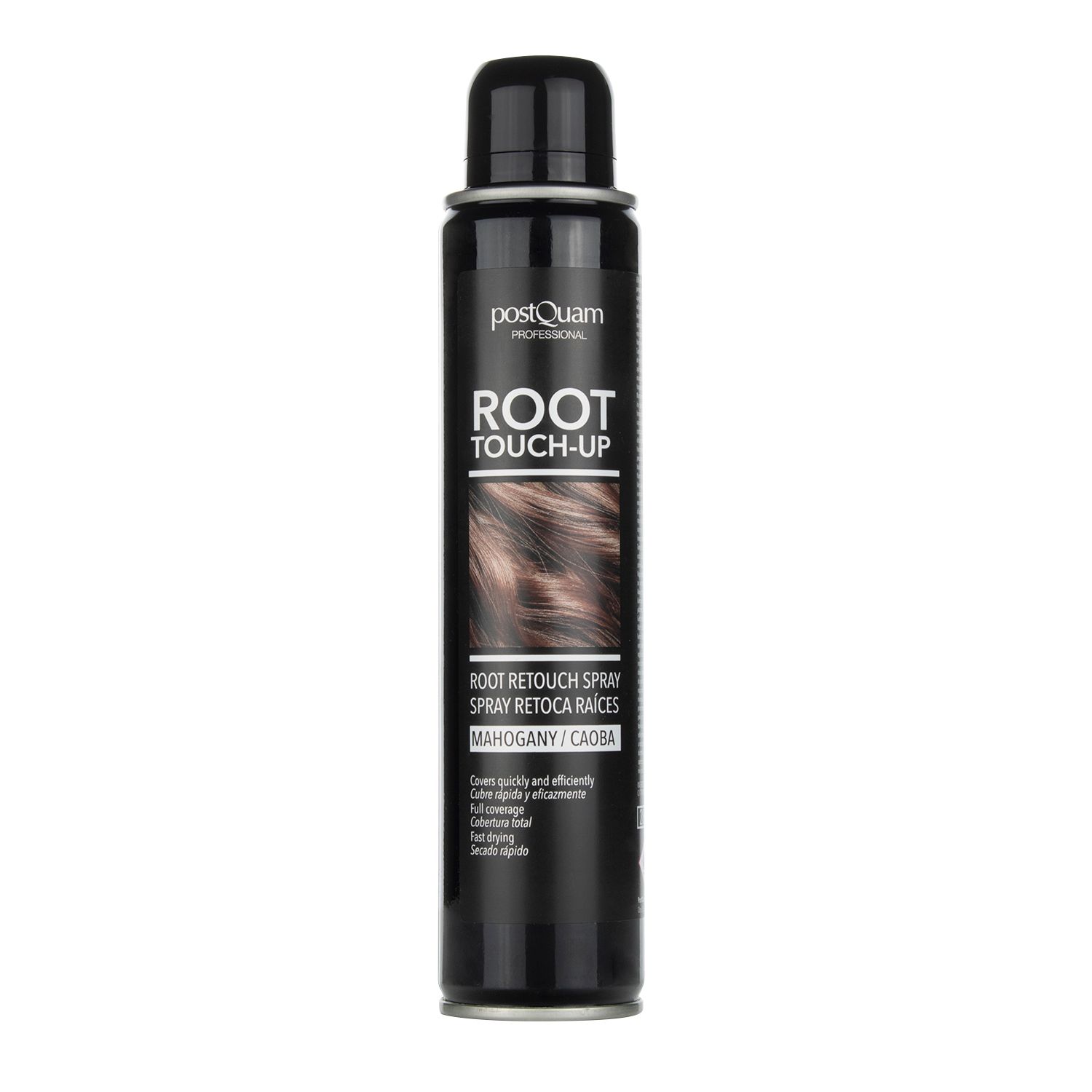 Schwarze Sprühflasche mit "Postquam Root Touch-Up Mahagoni". Produktetikett mit Produktnamen und Farbbezeichnung.