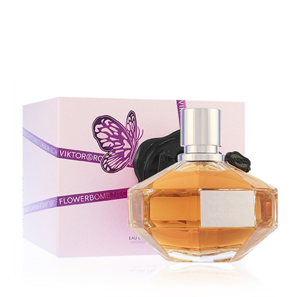 Flakon mit bernsteinfarbener Flüssigkeit, neben einer Schachtel. Aufschrift: Flowerbomb Nectar, Viktor & Rolf. Schwarzes Siegel.