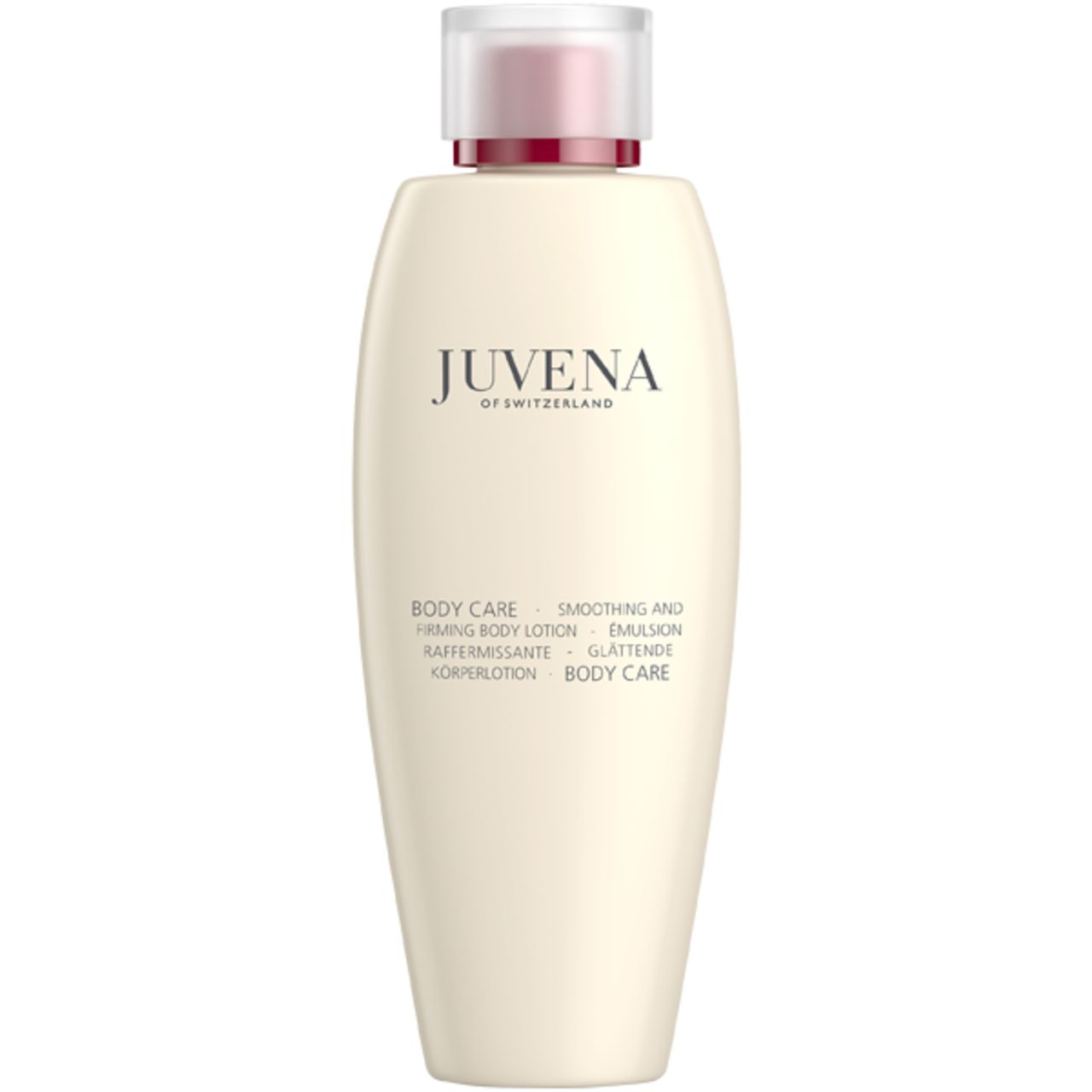Beigefarbene Flasche mit rosafarbenem Deckel. Aufschrift: Juvena of Switzerland. Text: Body Care, Smoothing and Firming Body Lotion.