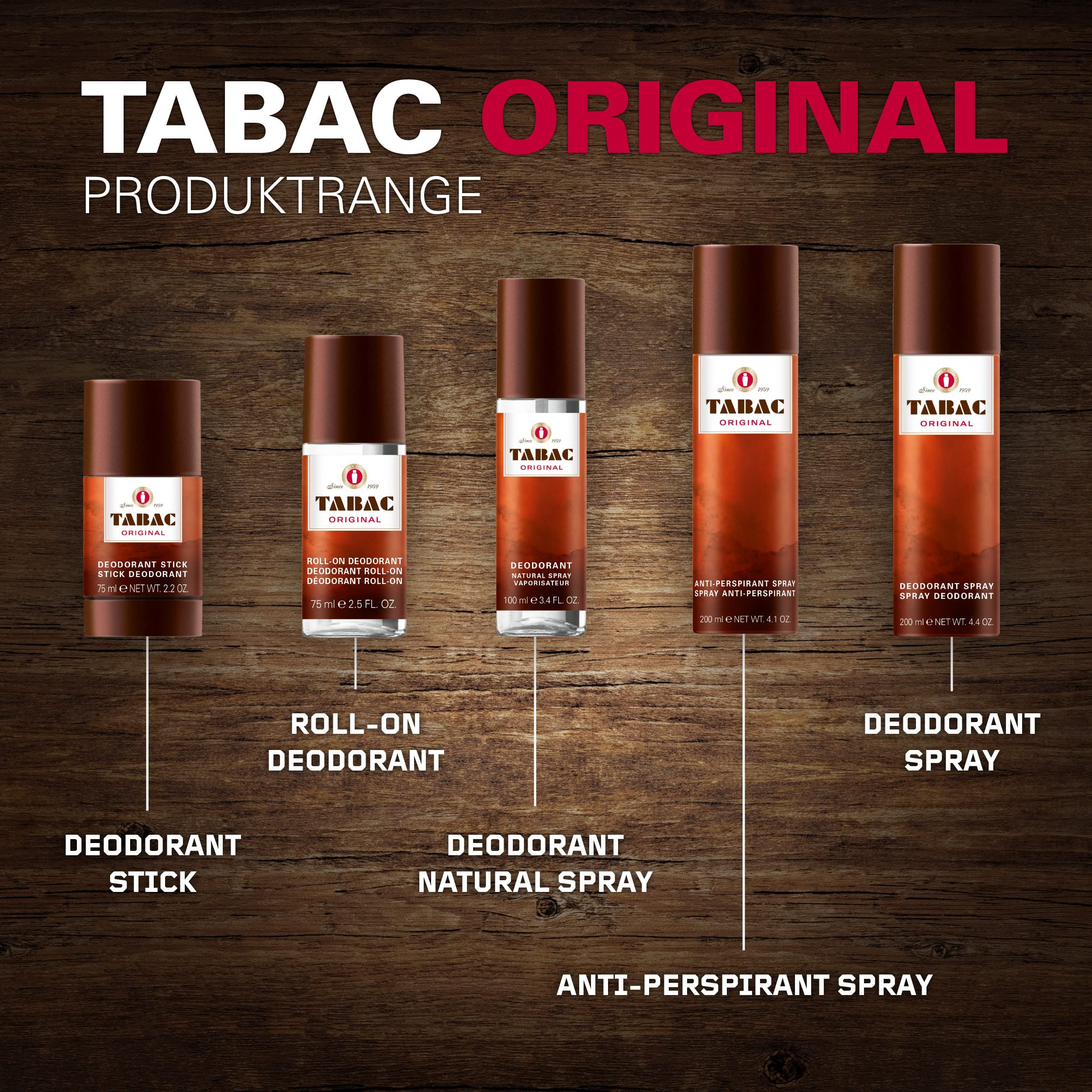 Produktübersicht Tabac Original. Verschiedene Deodorant-Formen: Stick, Roll-on, Natural Spray, Anti-Transpirant Spray.