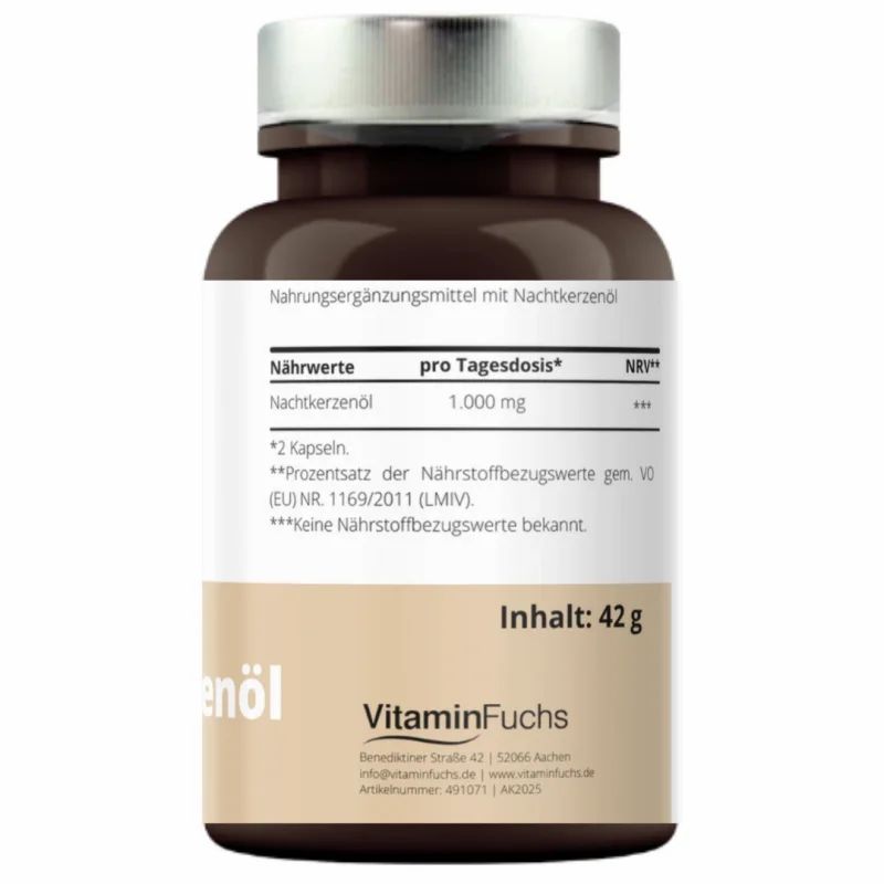 Rückseite der Flasche mit Informationen. Nachtkerzenöl, Nährwerte, Inhaltsstoffe, Verzehrempfehlung, wichtige Hinweise, VitaminFuchs.