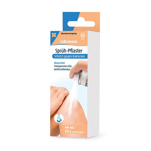 Lifemed Sprüh-Pflaster Verpackung mit Abbildung einer Anwendung und Produktinformationen.