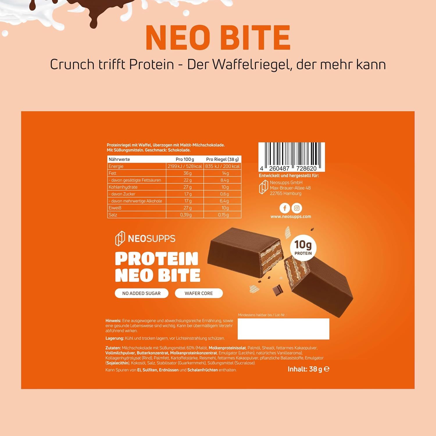 Verpackung von Proteinriegeln. Aufdruck: Neo Bite, Nährwertangaben, 10g Protein, No Added Sugar, NeoSupps Logo.