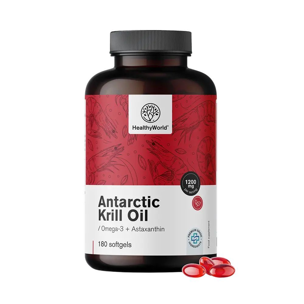 Braune Flasche mit Kapseln. Aufschrift: Antarctic Krill Oil, 180 Softgels, 1200 mg. Rote Kapseln liegen daneben.