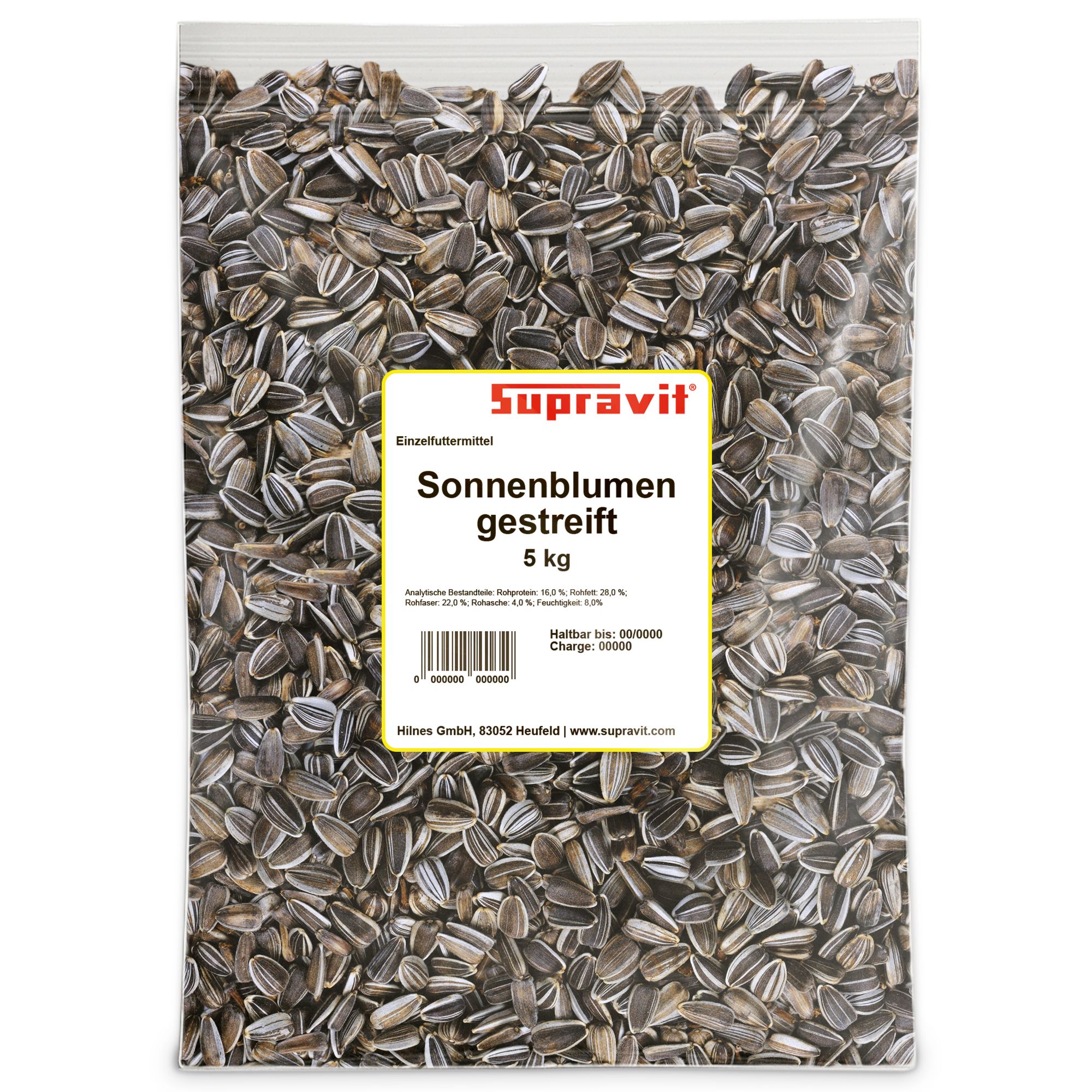 Transparente Verpackung mit Sonnenblumenkernen. Text: Supravit Sonnenblumen gestreift, 5 kg. Barcode.