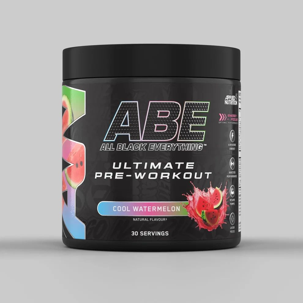 Schwarze Dose mit "ABE"-Logo und "Ultimate Pre-Workout". Geschmack: Cool Watermelon. 30 Portionen. Marke: Applied Nutrition.