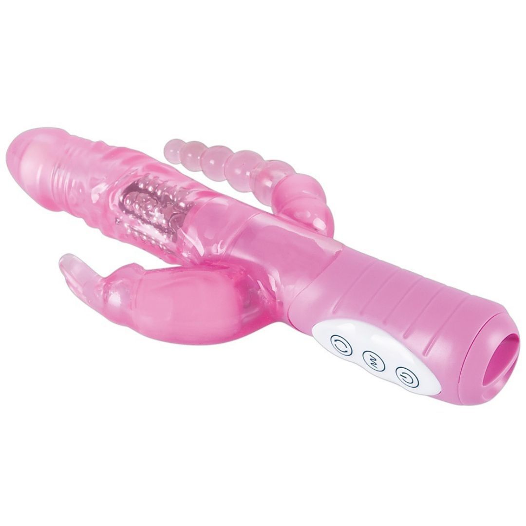 Rosa Vibrator mit drei Motoren, sieben Kugeln und Bedienknöpfen. Transparentes Material.