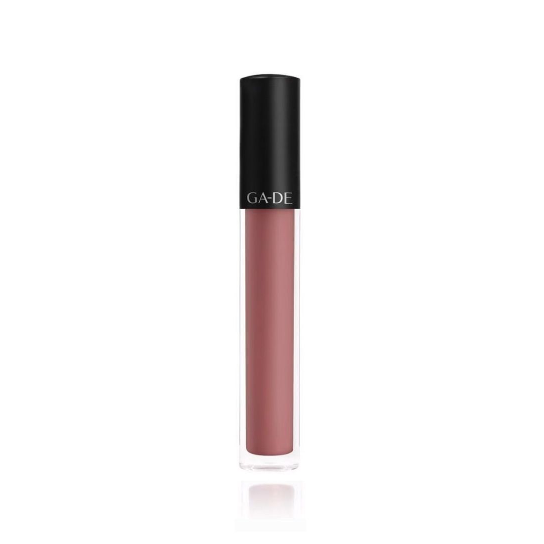 Ga-De Velveteen Matte Lipcolor. Flasche mit schwarzem Deckel und rosafarbenem Inhalt. Marke GA-DE auf dem Deckel.