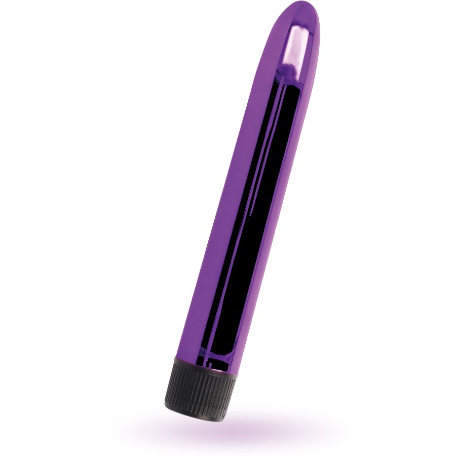 Lila Vibrator mit schwarzem Schaft und geriffeltem Ende. Glänzende Oberfläche, längliche Form.