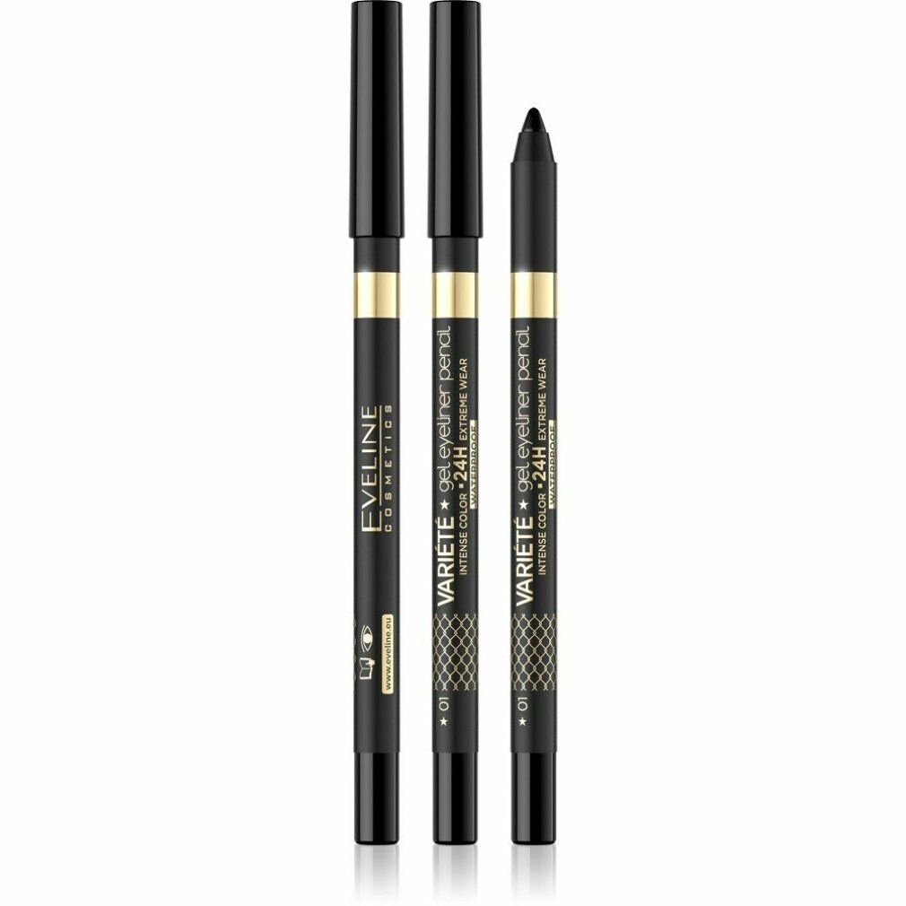 Drei schwarze Eyeliner-Stifte mit schwarzen Kappen. Auf den Stiften steht "Eveline Cosmetics" und "Variete gel eyeliner pencil".