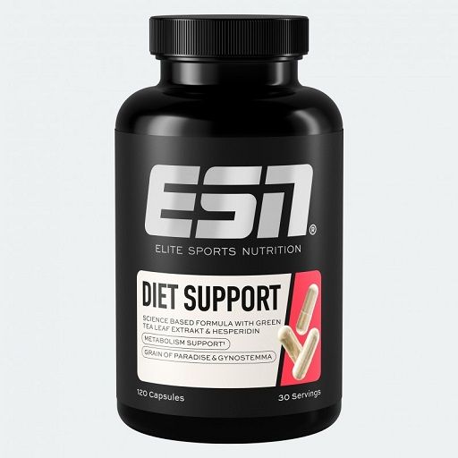 Schwarze Dose mit ESN Logo, DIET SUPPORT Aufschrift und Darstellungen von Kapseln. 120 Kapseln.