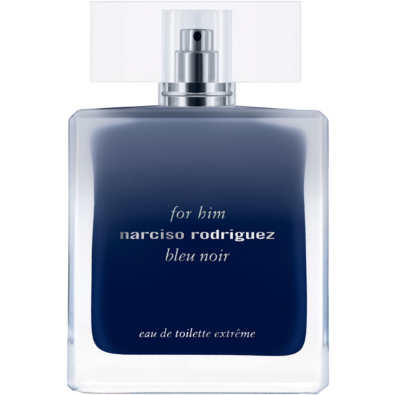 Rechteckige Flasche mit Farbverlauf von dunkelblau nach transparent. Aufschrift: For Him Narciso Rodriguez Bleu Noir, Eau de Toilette Extrême.