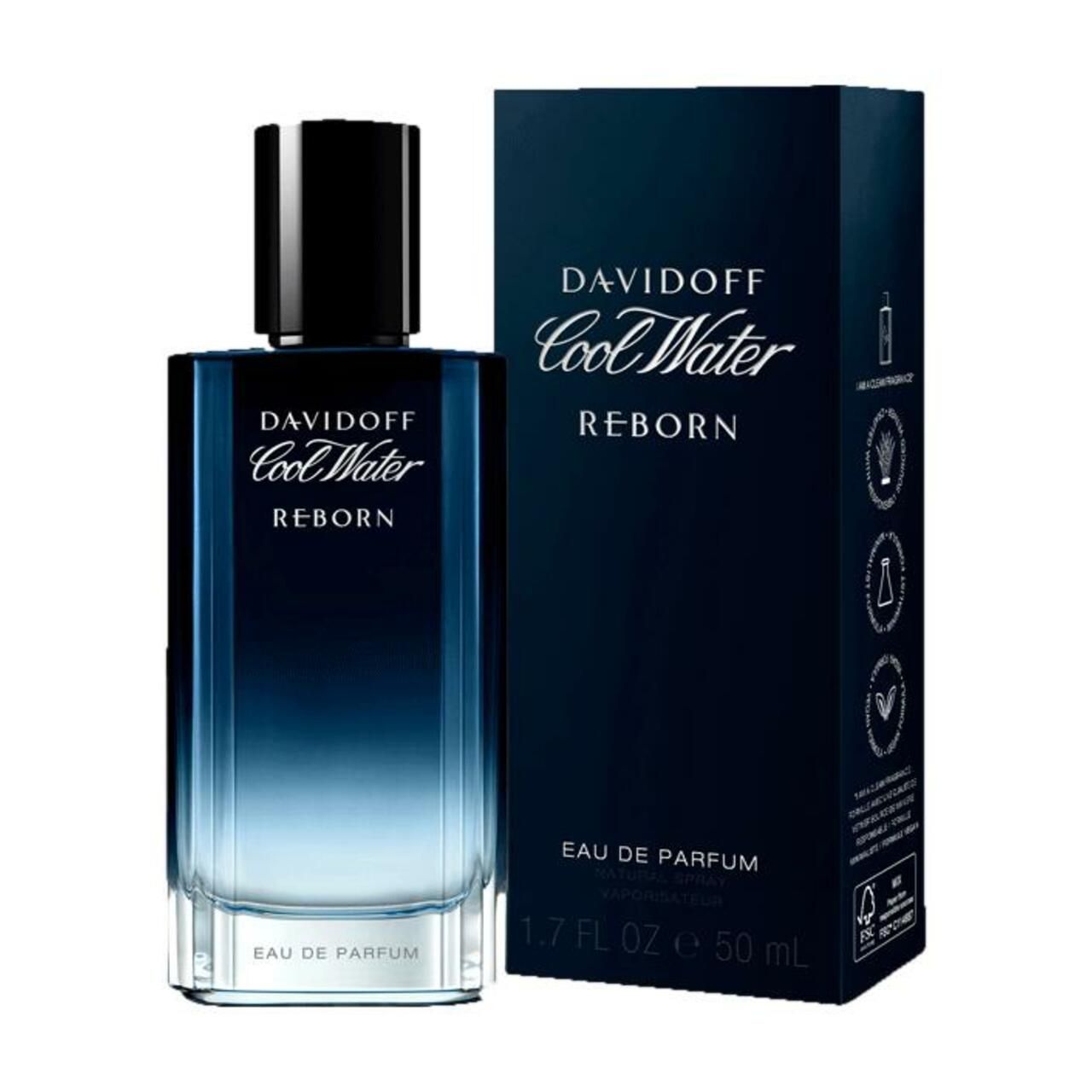 Davidoff Cool Water Reborn Flakon und Verpackung. Rechteckige Form, Farbverlauf. Schwarzer Verschluss. Blaue Verpackung mit Schriftzug.