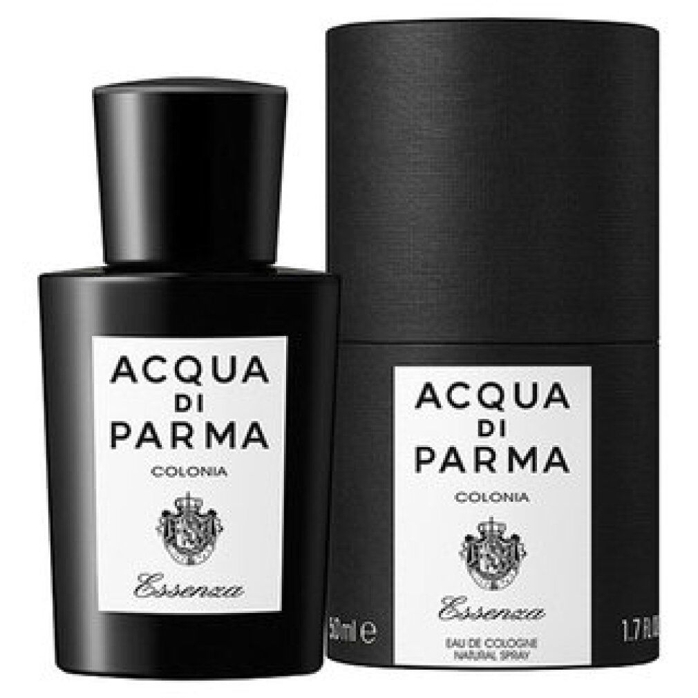 Schwarze Flasche und Verpackung. Aufschrift: ACQUA DI PARMA COLONIA ESSENZA. Mit Deckel. Eau de Cologne Natural Spray.