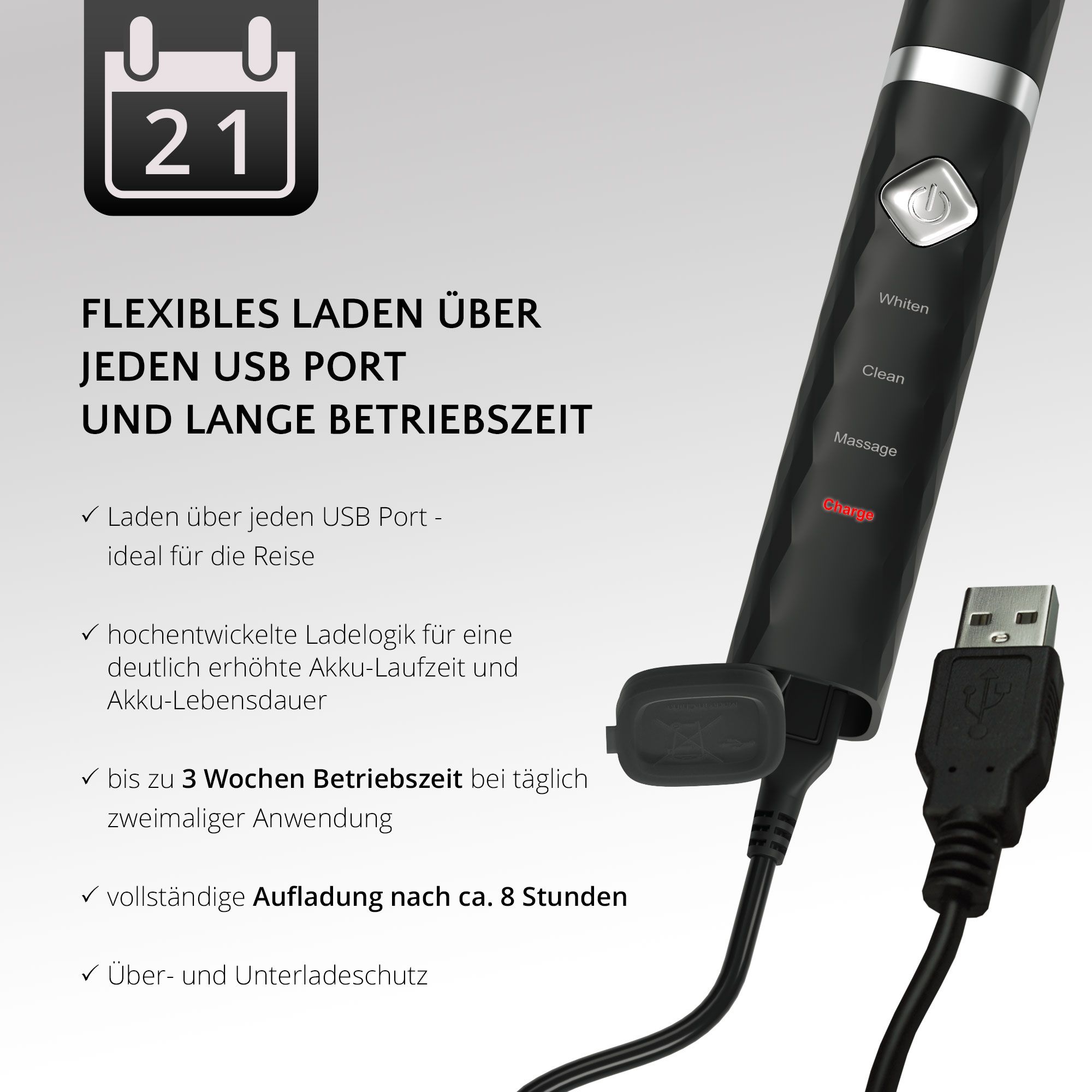 Nahaufnahme der Zahnbürste mit USB-Anschluss. Text: Flexibles Laden über jeden USB-Port und lange Betriebzeit. USB-Kabel ist zu sehen.