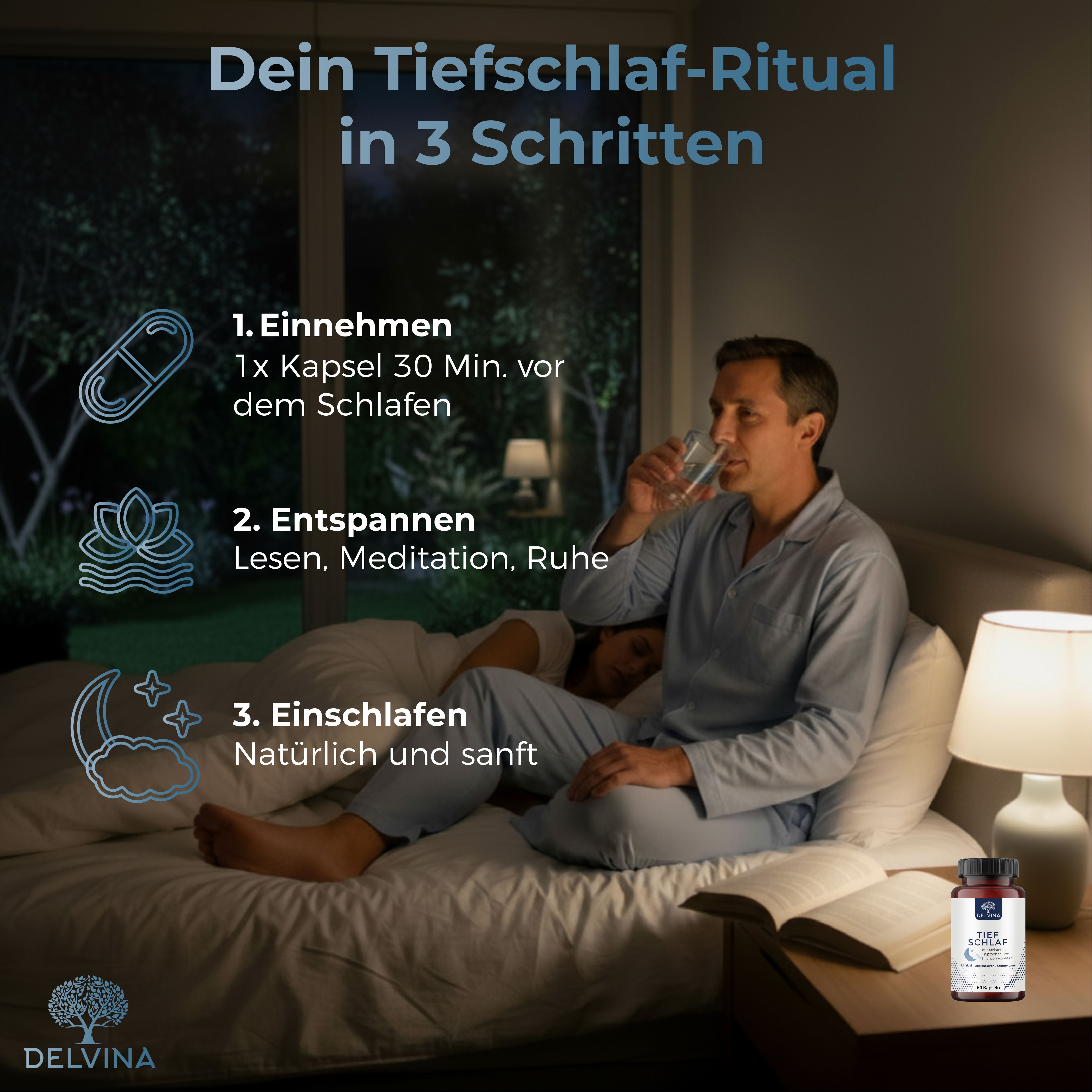 Delvina Tief Schlafkapseln mit Melatonin, Tryptophan, Valerensäure, Linalool & Xanthohumol