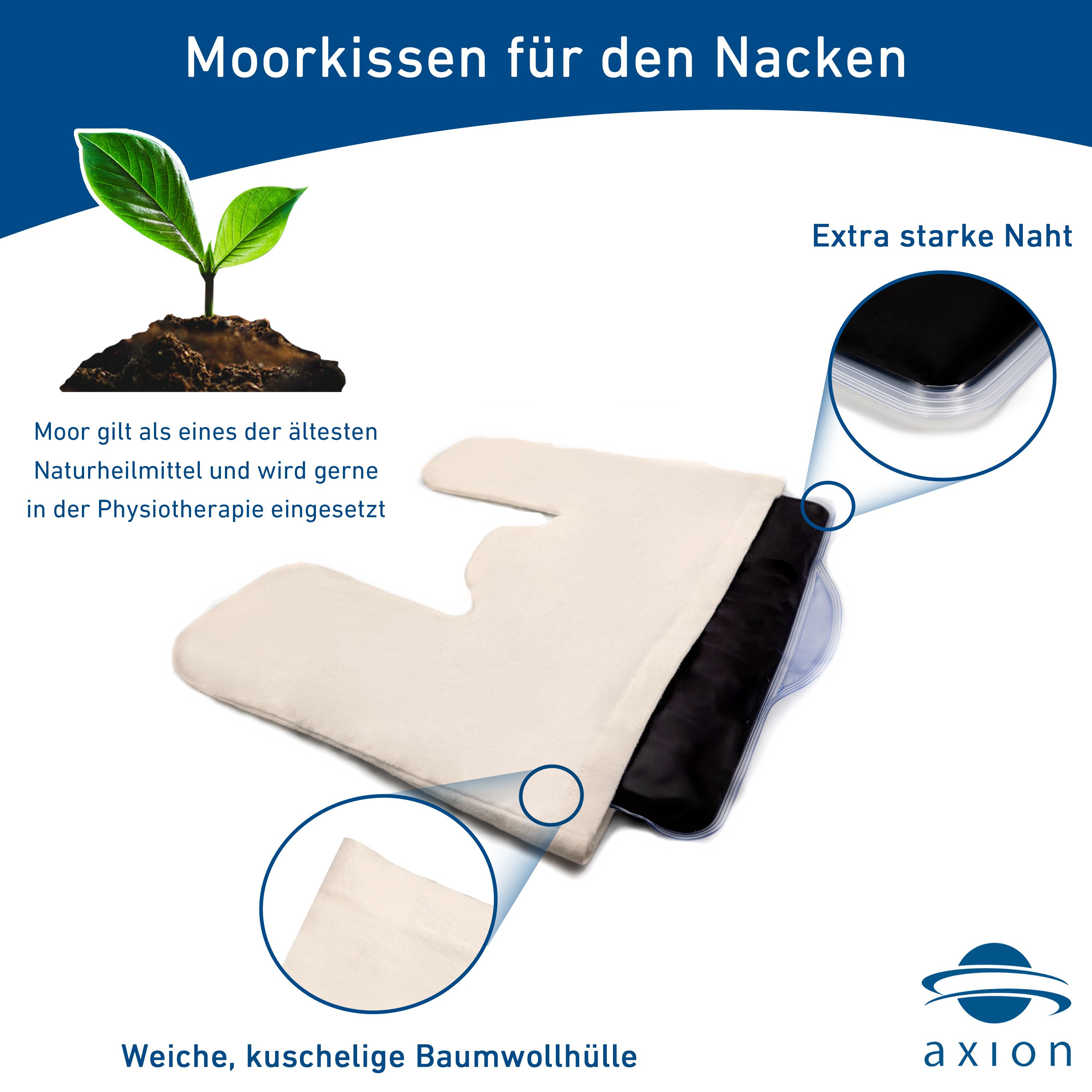 Nacken-Wärmekissen mit Baumwollhülle. Schwarze Füllung. axion®-Logo. Extra starke Naht. Naturmoor.