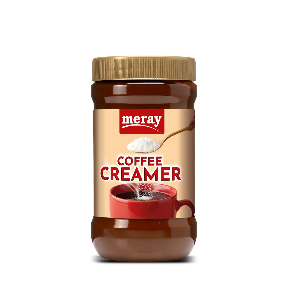 Braune Dose mit goldenem Deckel. Aufschrift "meray COFFEE CREAMER". Abbildung einer Kaffeetasse mit Kaffeeweißer.