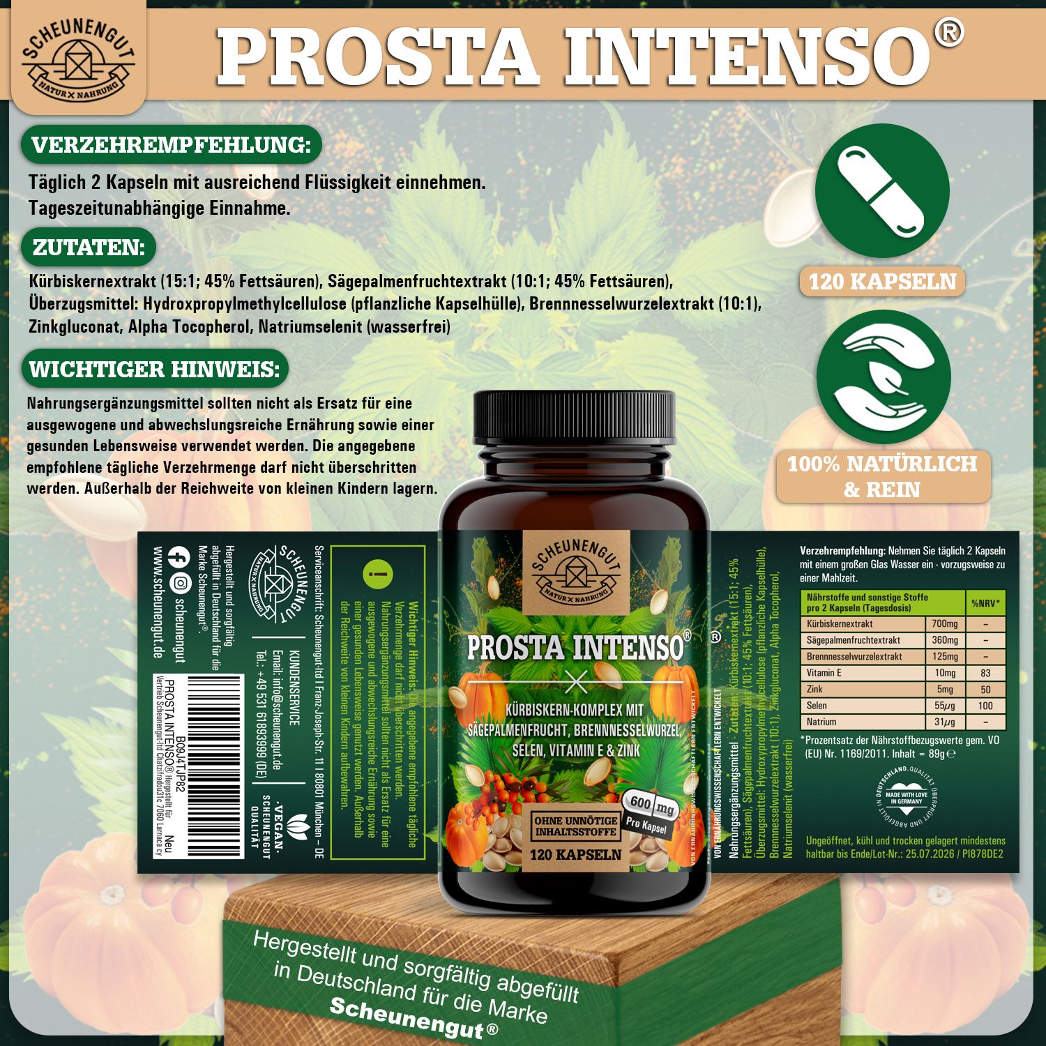 Scheunengut® PROSTA INTENSO - Prostata Kapseln mit Kürbiskern, Sägepalme, Selen uvm.