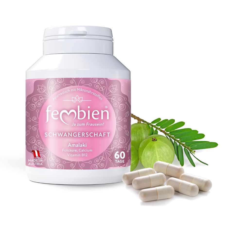 Weiße Kapseln neben Flasche mit rosa Etikett. Aufschrift: Fembien Schwangerschaft, 60 Tage.