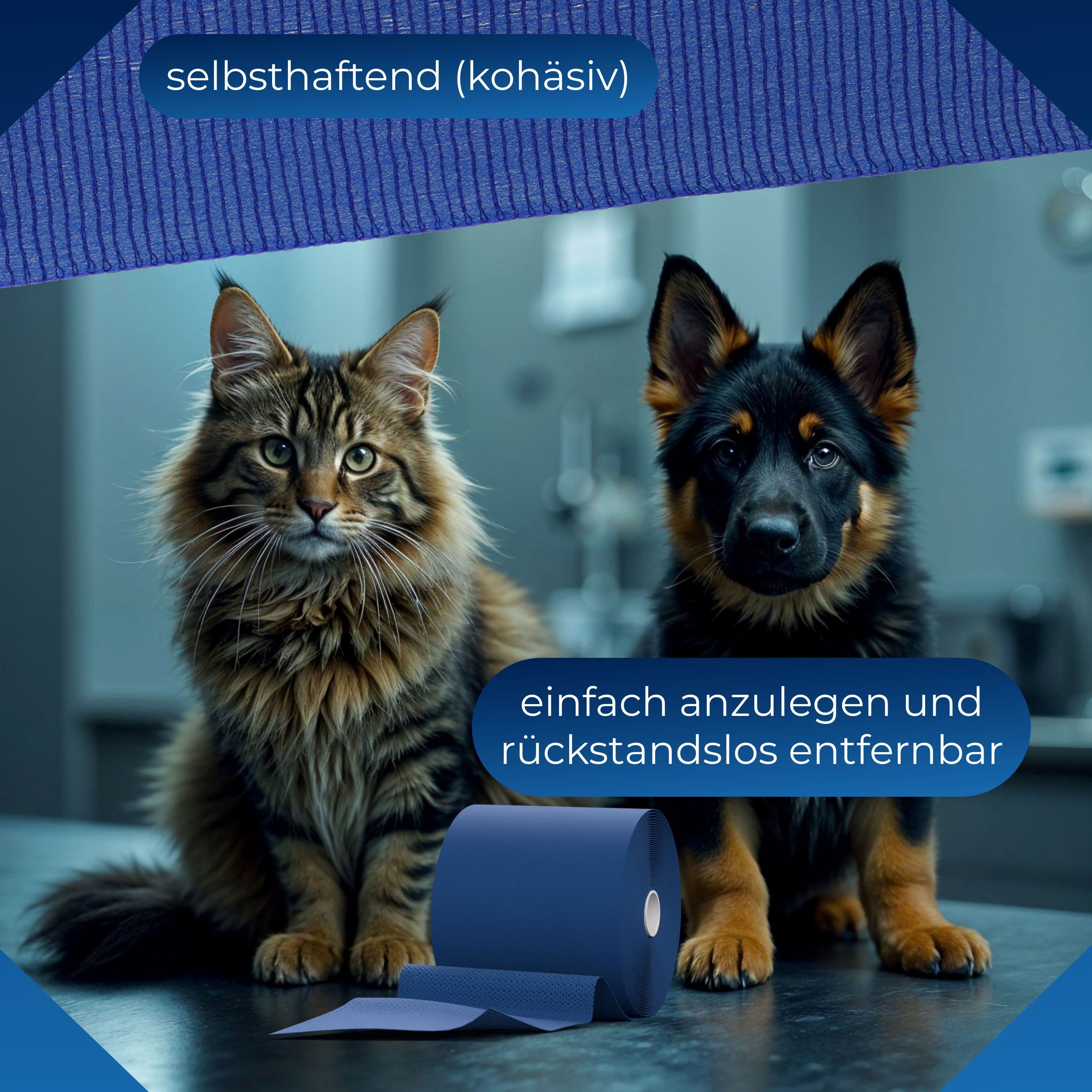 Zwei Haustiere neben gerolltem, blauem Verbandsmaterial. Text: selbsthaftend (kohäsiv) und einfach anzulegen und rückstandslos entfernbar.