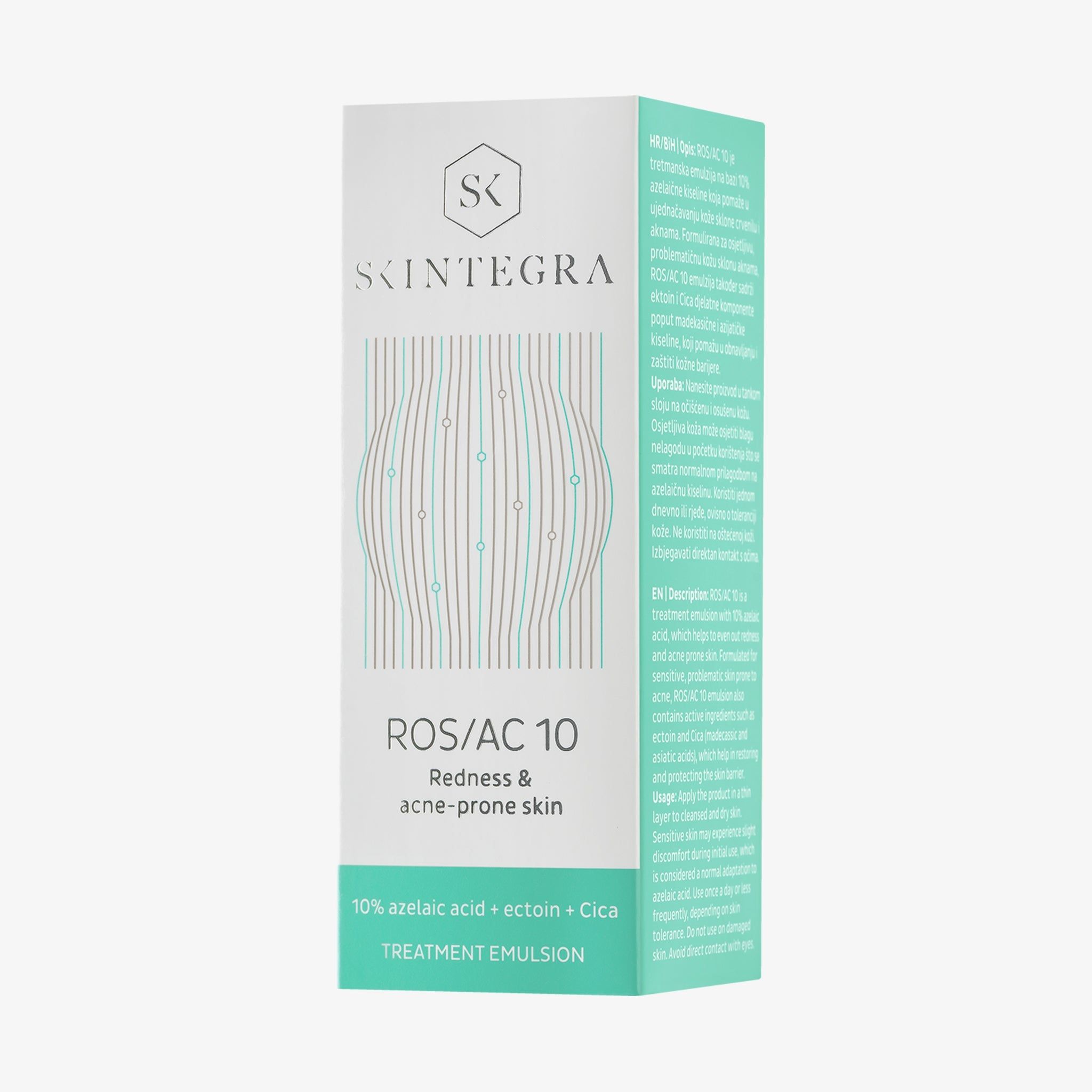 Verpackung mit grünem Akzent. Aufschrift: Skintegra, ROS/AC 10, Redness & acne-prone skin. Enthält 10% Azelainsäure.